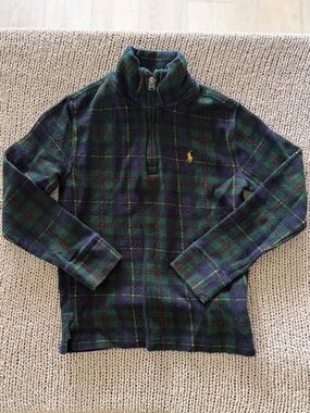 Polo Ralph Lauren Kids Tartan Plaid Fleece Quarter Zip Pullover Green Navy 5